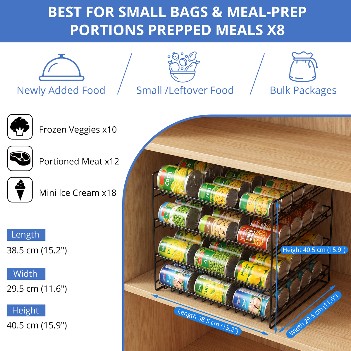 4 Tier Stackable Can Organizer, TAIMASI Stainless Steel Kitchen Cabinet Pantry Organization Food Storage Dispenser Holds Up to 48 Cans,Black