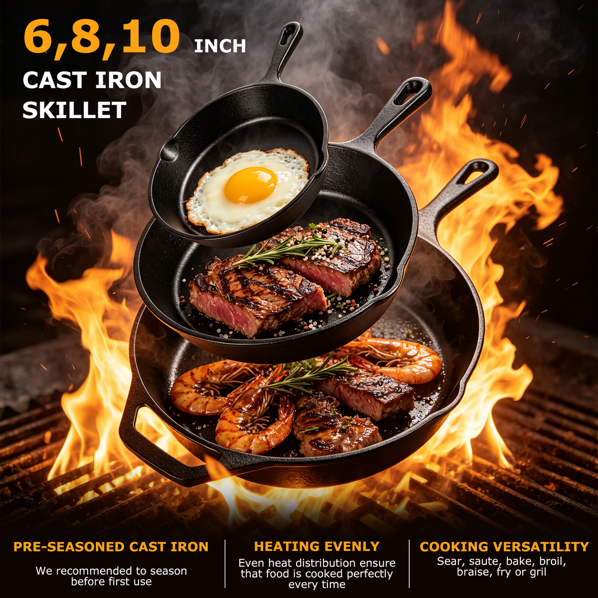3 Piece Cast Iron Skillet Set, AOKIWO 6", 8", 10" Pre-Seasoned Pan Cookware Set with Handles, Heavy-Duty Frying Pans for Saute, Cooking, Pizza, Oven Grill Stovetop Safe Cookware