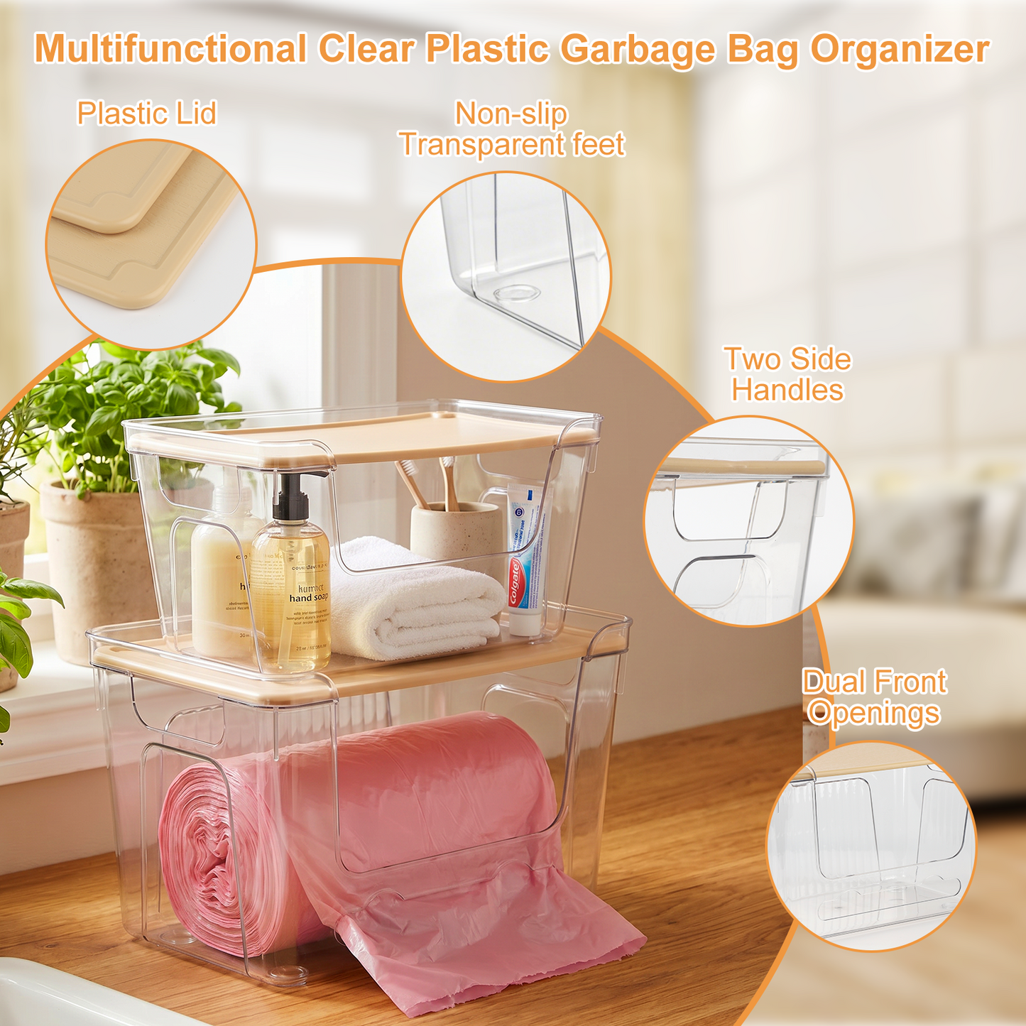 4 Pcs Garbage Bag Dispenser, TAIMASI Stackable Trash Bag Holder with Plastic Lid for 4-33 Gal Bags, Clear Organizer Bins for Under Sink Organization, Kitchen, Laundry, Pantry