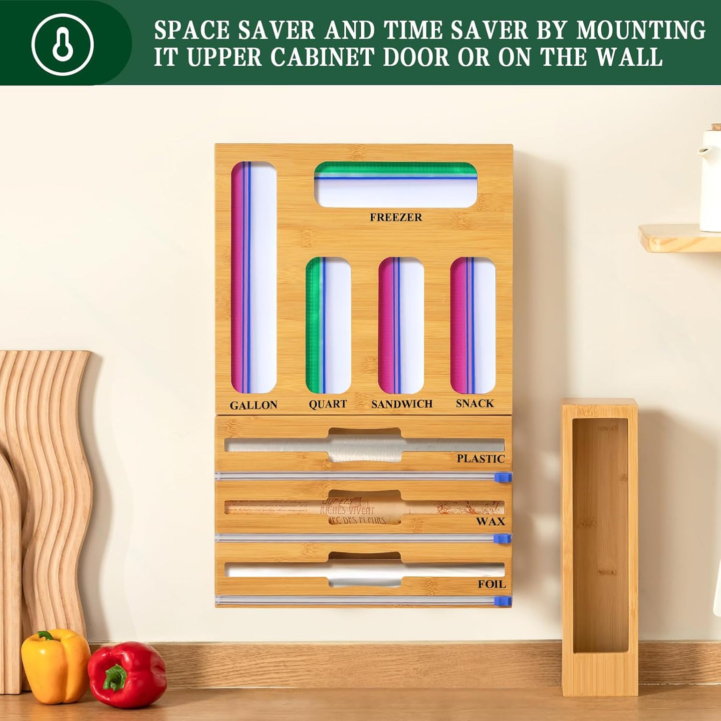 9 IN 1 Kitchen Ziplock Bag Organizer, AOKIWO Bamboo Foil and Plastic Wrap with Cutter for Kitchen Drawer, Compatible Gallon, Quart, Sandwich Snack Size