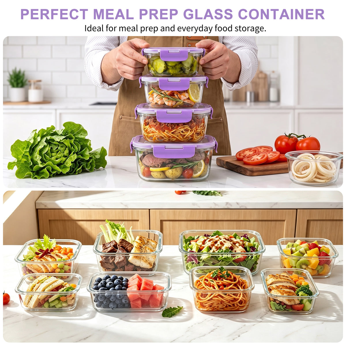 TAIMASI 16 Pack Borosilicate Glass Food Storage Containers with Lids, Airtight Leak Proof Snap Lock Glass Meal Prep Containers, Microwave Oven Freezer Dishwasher Safe, BPA Free Kitchen Storage Set