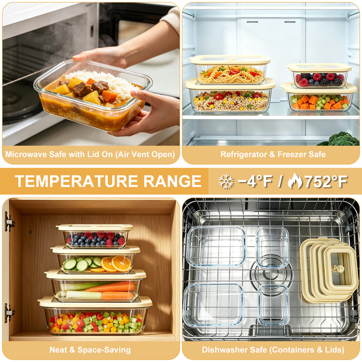 20 Pcs Glass Food Storage Containers with Tempered Glass Lids, Borosilicate Oven-Safe (-4°F~950°F), Airtight Meal Prep Containers (10 Containers & 10 Lids), LeakProof, BPA-Free, Dishwasher Safe