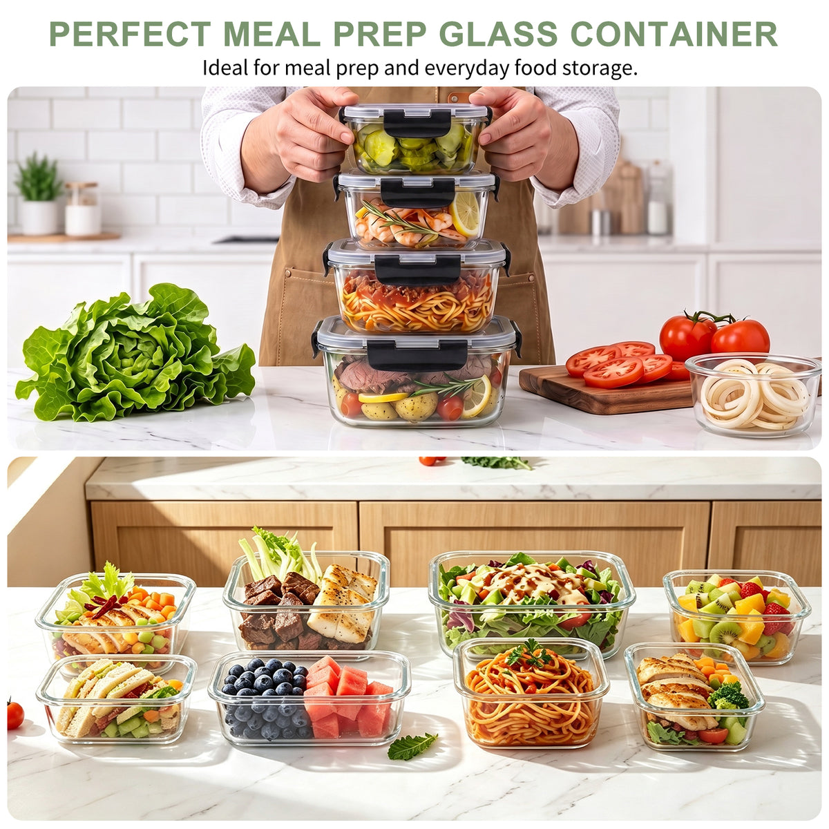 TAIMASI 16 Pack Borosilicate Glass Food Storage Containers with Lids, Airtight Leak Proof Snap Lock Glass Meal Prep Containers, Microwave Oven Freezer Dishwasher Safe, BPA Free Kitchen Storage Set