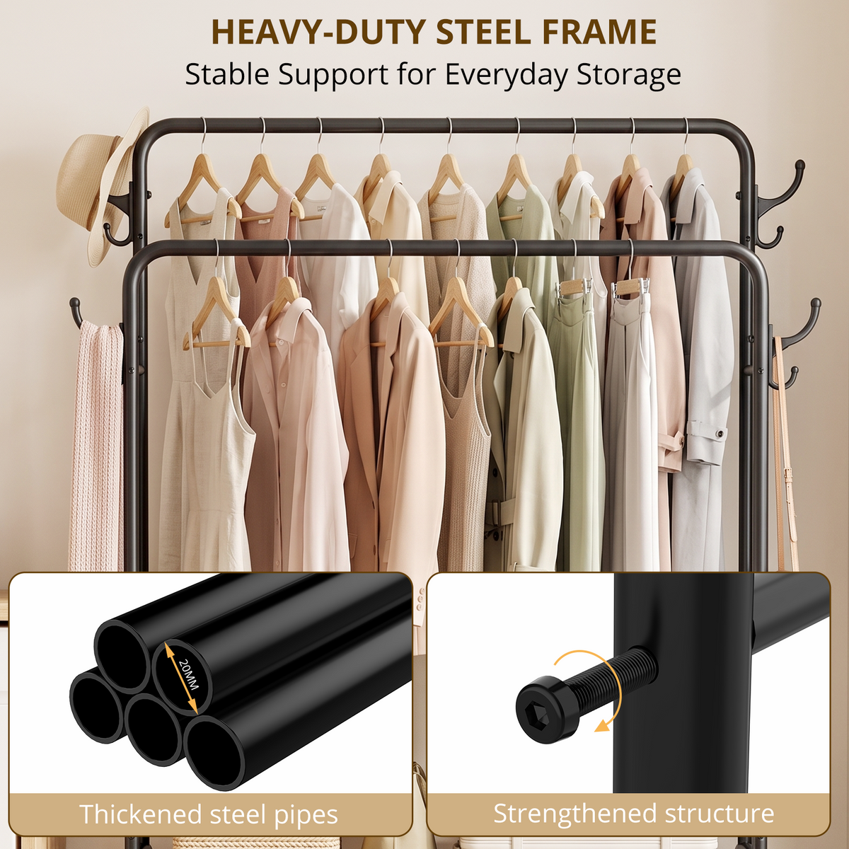 Heavy Duty Double Rod Clothes Rack, Rolling Garment Rack with 2 Tier Shelf and Side Hooks, Metal Coat Rack on Wheels for Bedroom, Laundry Room and Living Room, 44.3"L x 16.1"W x 61.8"H, Black