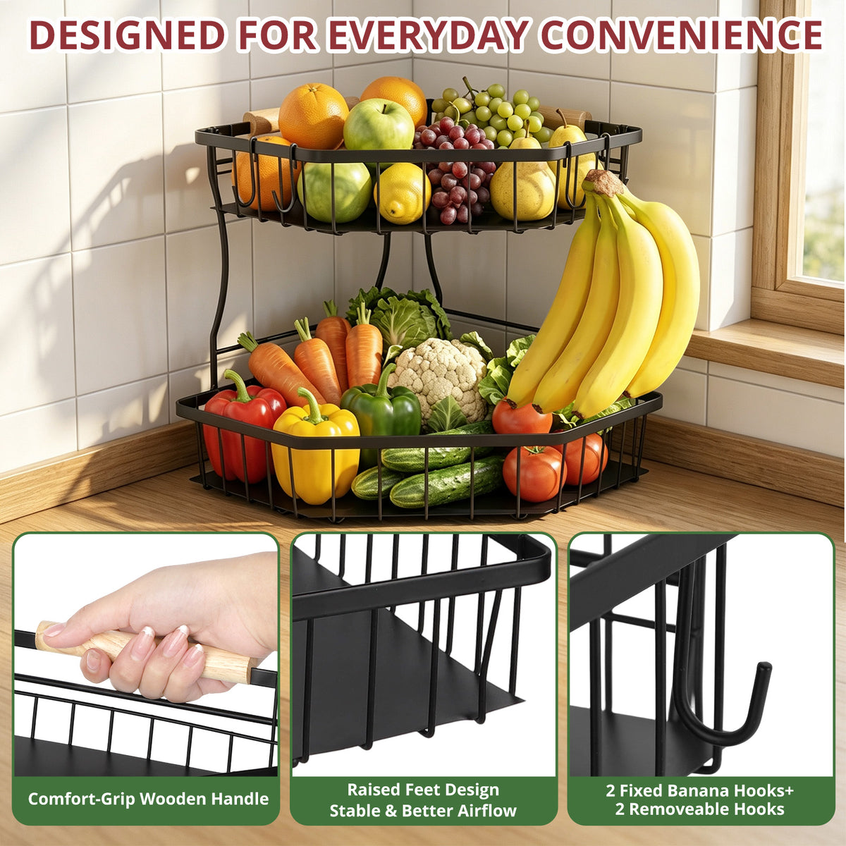 2-Tier Large Fruit Basket for Kitchen Counter with 4 Banana Hangers, Detachable Metal Fruit Bowl with Wooden Handle, Fruit Stand/Fruit Holder for Bread, Snacks, Vegetables,Produce with Protective Mat