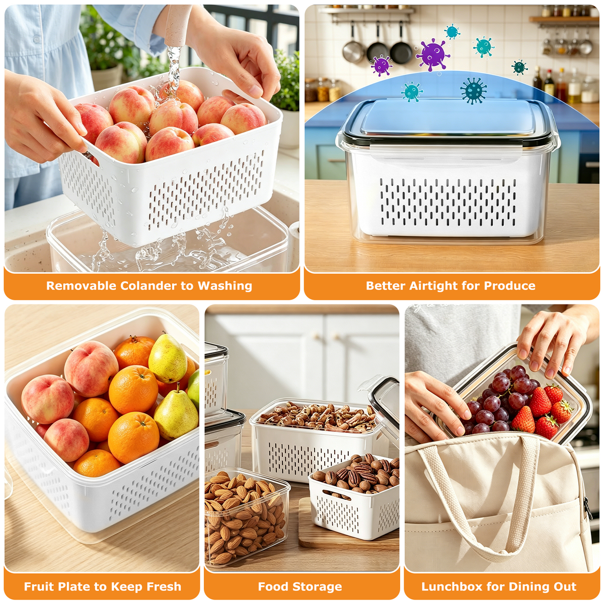 10 Pack Fruit Storage Containers for Fridge with Colanders, Leakproof Produce Saver Containers with Lids, BPA-Free Refrigerator Organizer for Fruits, Vegetables, Berries, Meat & Meal Prep