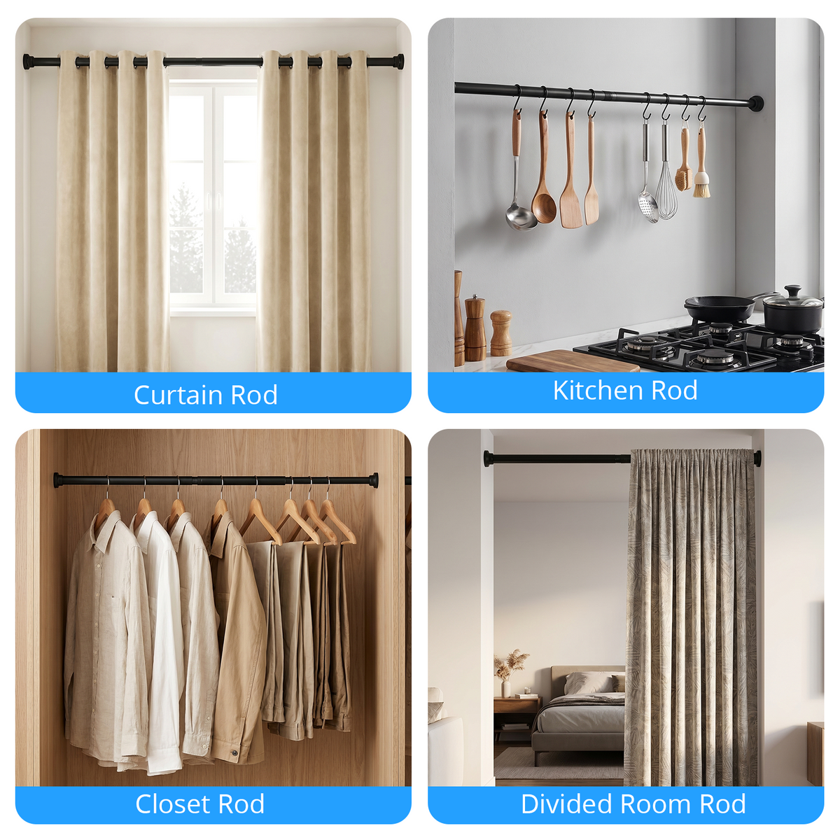MIBOTE Shower Curtain Rods 32-85 Inch,Adjustable Curtain Rod with Holders for Windows,Anti-Slip,Curtain Rods No Drilling,Modern Design,Black