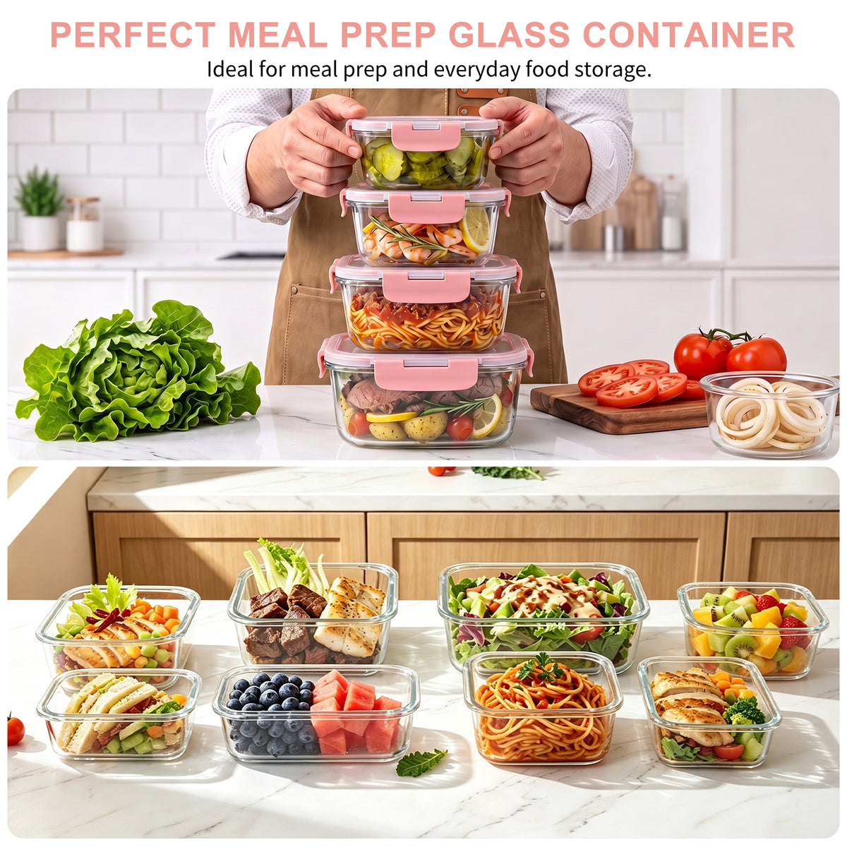 TAIMASI 16 Pack Borosilicate Glass Food Storage Containers with Lids, Airtight Leak Proof Snap Lock Glass Meal Prep Containers, Microwave Oven Freezer Dishwasher Safe, BPA Free Kitchen Storage Set