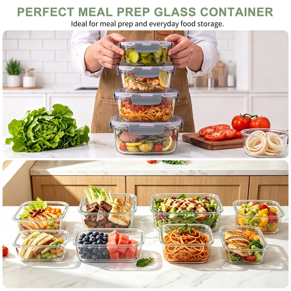 TAIMASI 16 Pack Borosilicate Glass Food Storage Containers with Lids, Airtight Leak Proof Snap Lock Glass Meal Prep Containers, Microwave Oven Freezer Dishwasher Safe, BPA Free Kitchen Storage Set