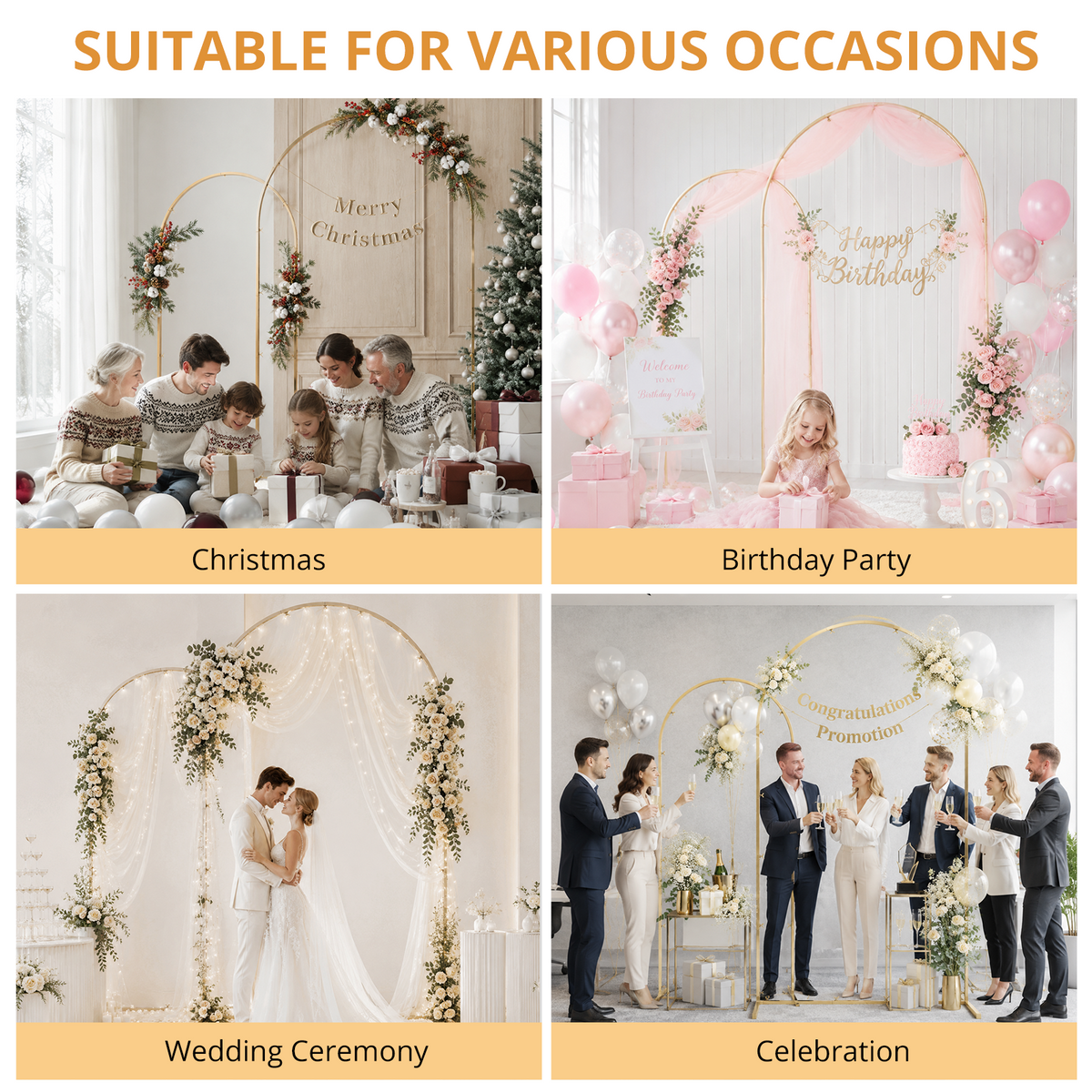 Mibote Metal Arch Backdrop Stand,7.2FT+6FT Gold Wedding Arch Backdrop Stand Set of 2 for Wedding Birthday Party Decor