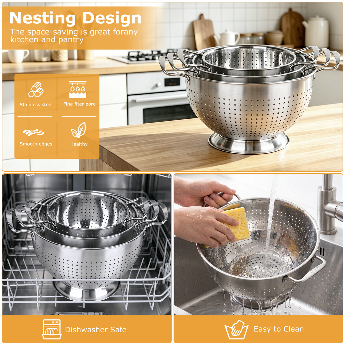 Colander Set of 3, TAIMASI 1.5, 3 & 5 Quart Stainless Steel Micro-Perforated Colanders Strainers for Draining Rinsing Washing, Kitchen Colanders Bowl for Pasta Fruits, Dishwasher Safe