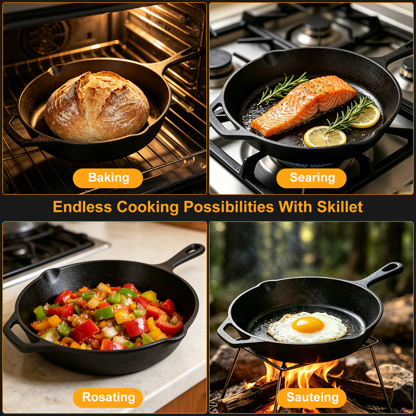 Cast Iron Skillet, TAIMASI 10" Pre-Seasoned Frying Pan With Handles, Oven Grill Stovetop Safe Cookware Set for Grilling, Sauteing, Baking