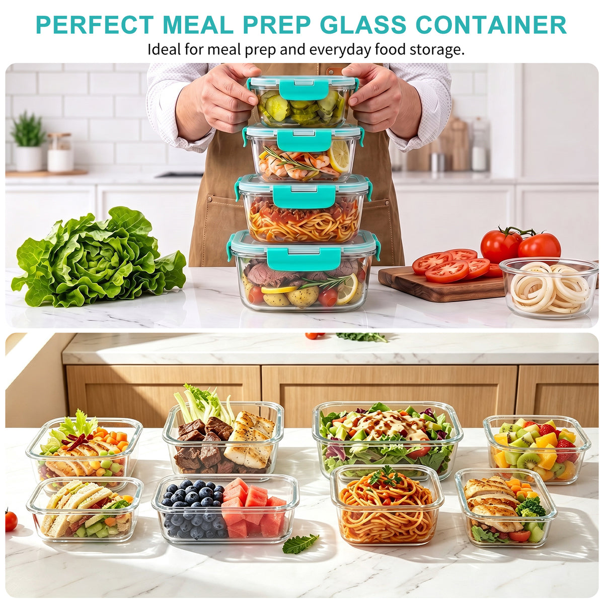 TAIMASI 16 Pack Borosilicate Glass Food Storage Containers with Lids, Airtight Leak Proof Snap Lock Glass Meal Prep Containers, Microwave Oven Freezer Dishwasher Safe, BPA Free Kitchen Storage Set