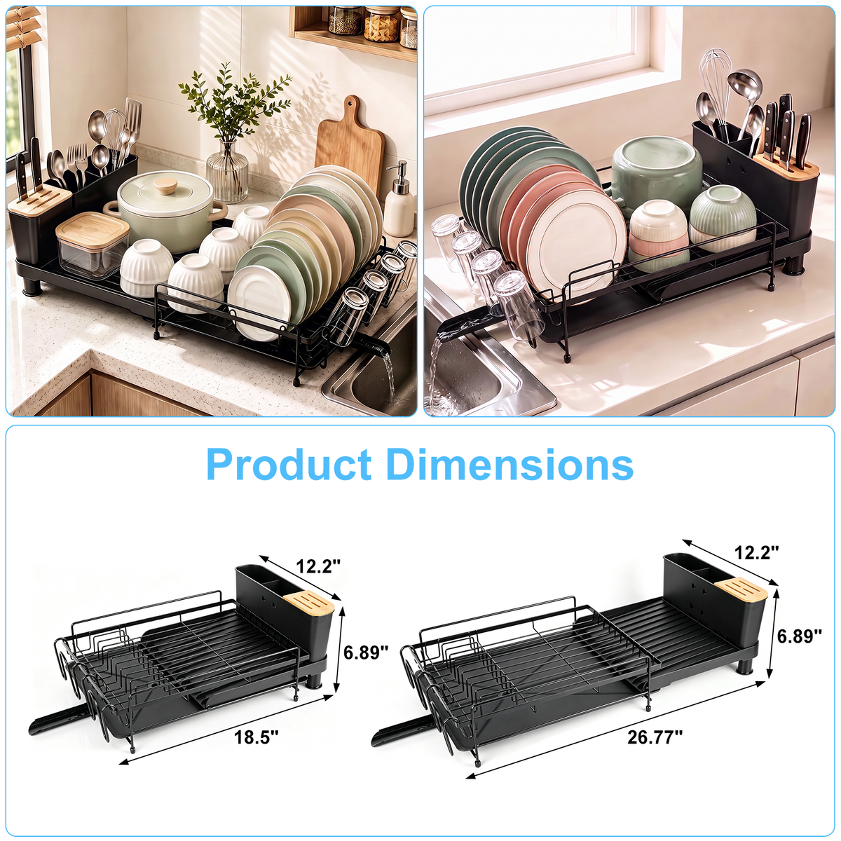 Extendable Dish Rack for Kitchen Counter, TAIMASI Multifunctional Large Dish Drying Rack, Anti-Rust Dish Drainers with Drainboard, Utensil Holder, Cup Holder, 19.2"-26.7" L x 12.9" W, Black