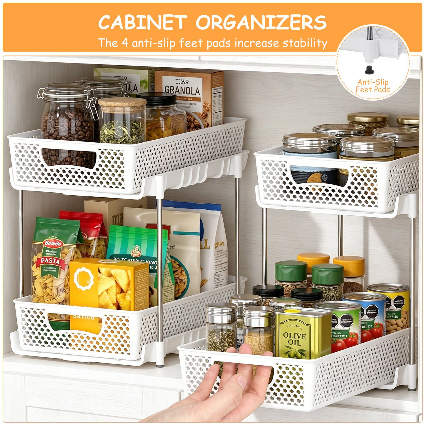 4 Pack Pull Out Bathroom Organizers and Storage, 2 Tier Stackable Under Sink Storage Organizer for Bathroom, Kitchen Cabinet, Pantry, and Medicine Holder, Organization and Storage - White