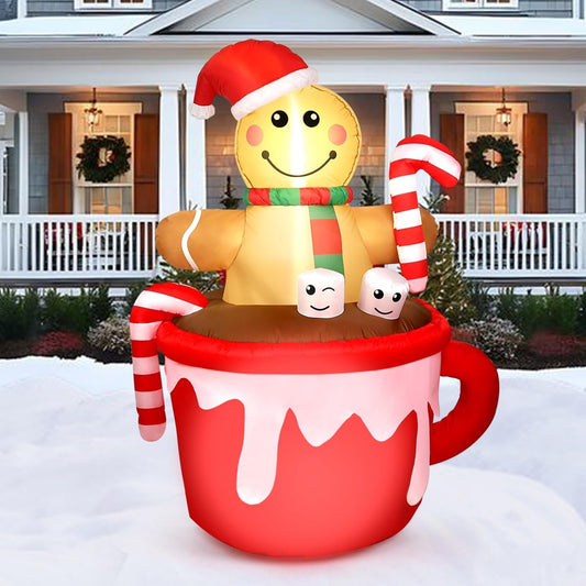 5FT Christmas Inflatable Outdoor Decoration,Gingerbread Man in Coffee Mug Blow Up LED Light Christmas Inflatables Yard Decorations with Build-in LEDs for Indoor Outdoor Garden Party Lawn Xmas Decor