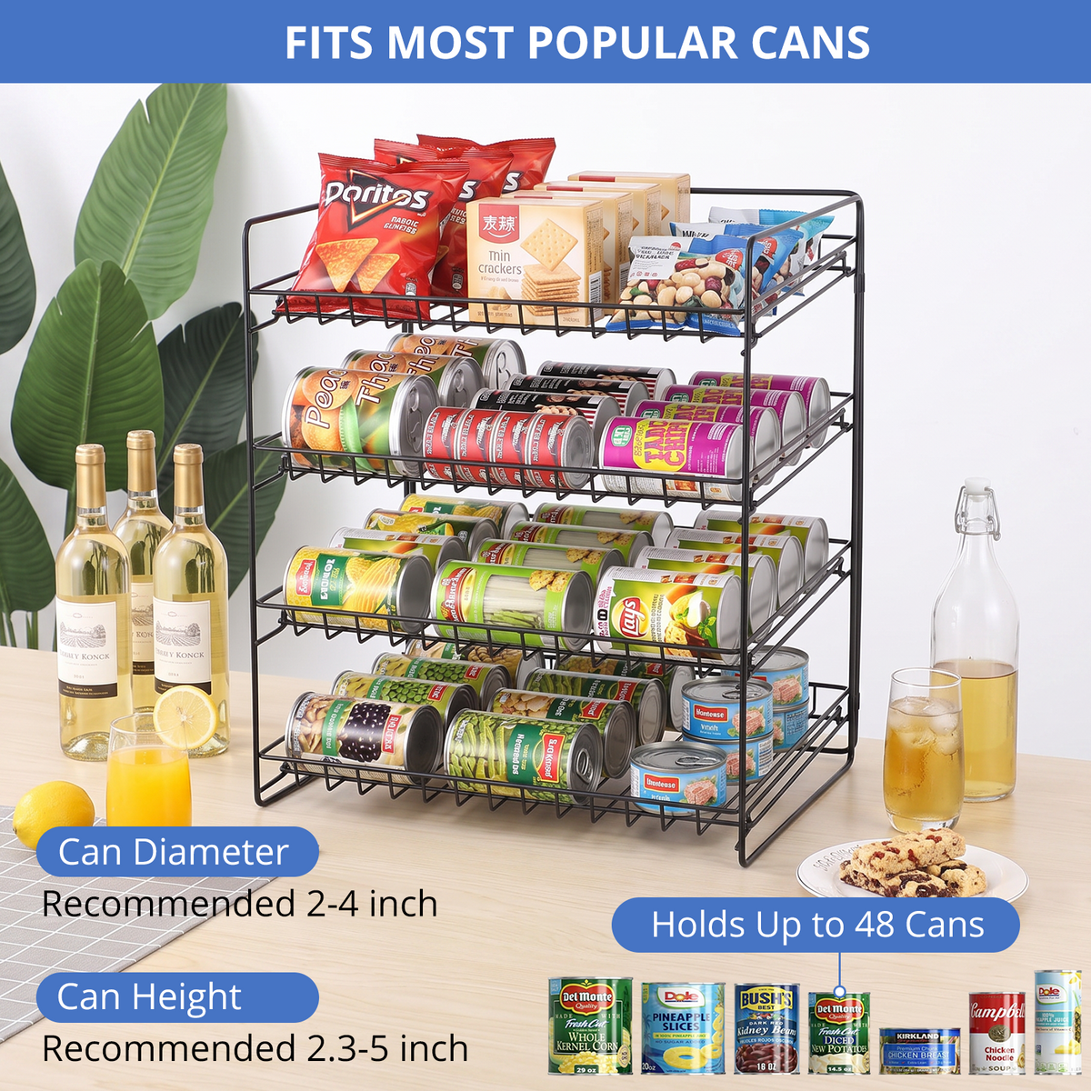 4 Tier Stackable Can Organizer, TAIMASI Stainless Steel Kitchen Cabinet Pantry Organization Food Storage Dispenser Holds Up to 48 Cans,Black