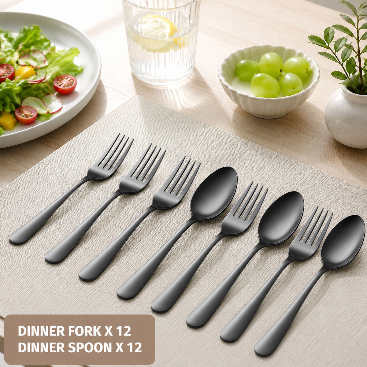 24-Pieces Spoon Fork Silverware Set, TAIMASI Food-Grade Tableware Set for 12, Stainless Steel Mirror-Polished Dining Flatware Set for Home Restaurant, Black
