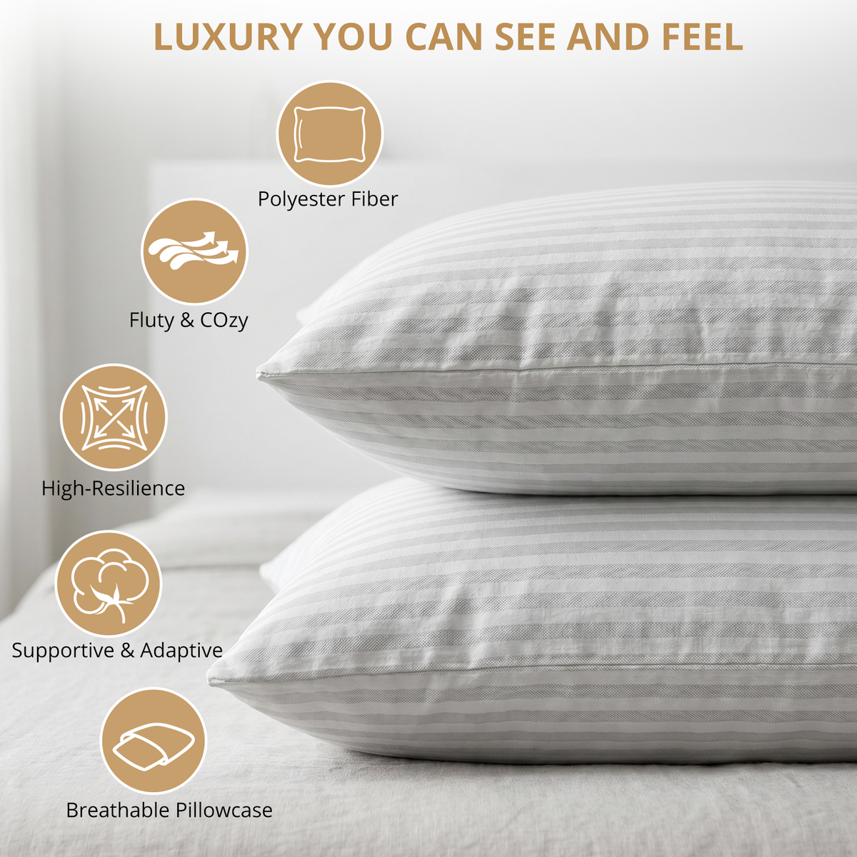 KAQINU Bed Pillows Queen Size Set of 2,Great Support Luxury Hotel Pillows for Side,Stomach and Back Sleepers,Striped White