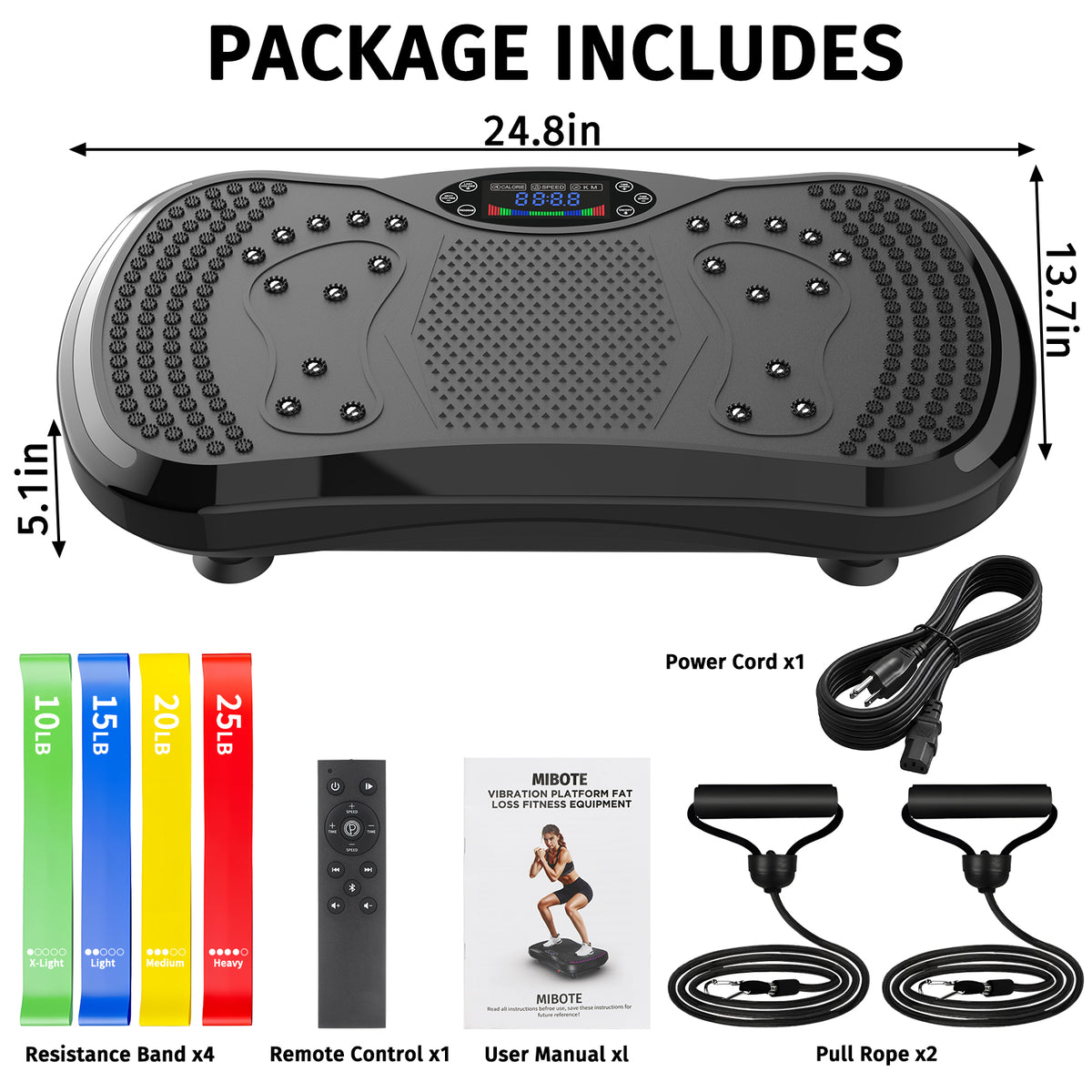 Mibote Extra-Large Platform Vibration Plate Machine, Full Body Workout with 2 Loop Bands + 4 Resistance Bands & Remote Control, Toning & Strength Training for Men & Women
