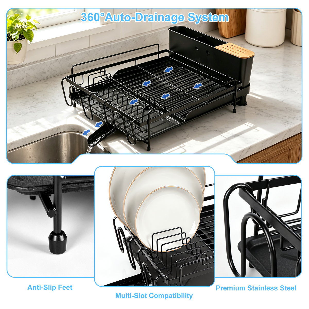 Extendable Dish Rack for Kitchen Counter, TAIMASI Multifunctional Large Dish Drying Rack, Anti-Rust Dish Drainers with Drainboard, Utensil Holder, Cup Holder, 19.2"-26.7" L x 12.9" W, Black