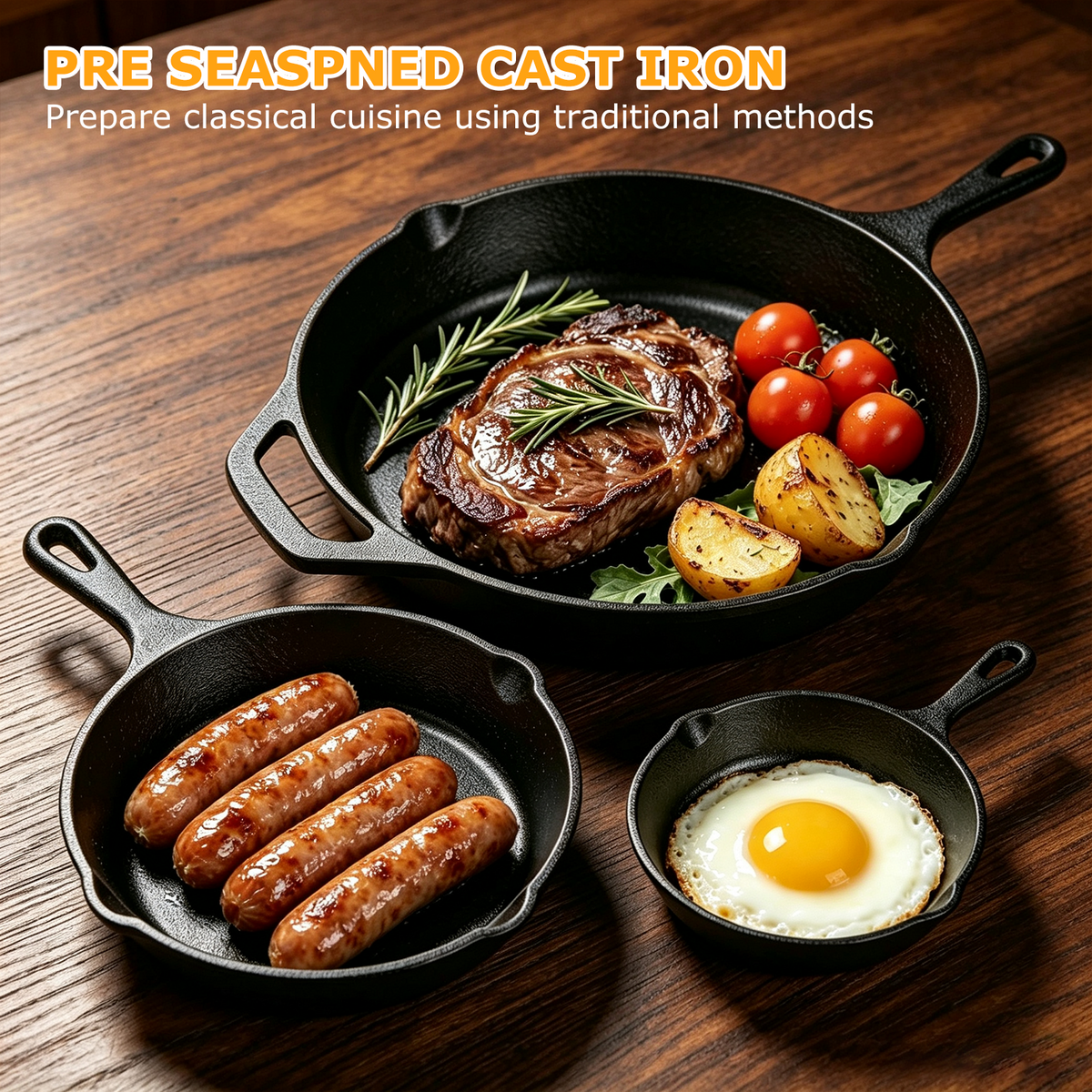 3 Piece Cast Iron Skillet Set, AOKIWO 6", 8", 10" Pre-Seasoned Pan Cookware Set with Handles, Heavy-Duty Frying Pans for Saute, Cooking, Pizza, Oven Grill Stovetop Safe Cookware