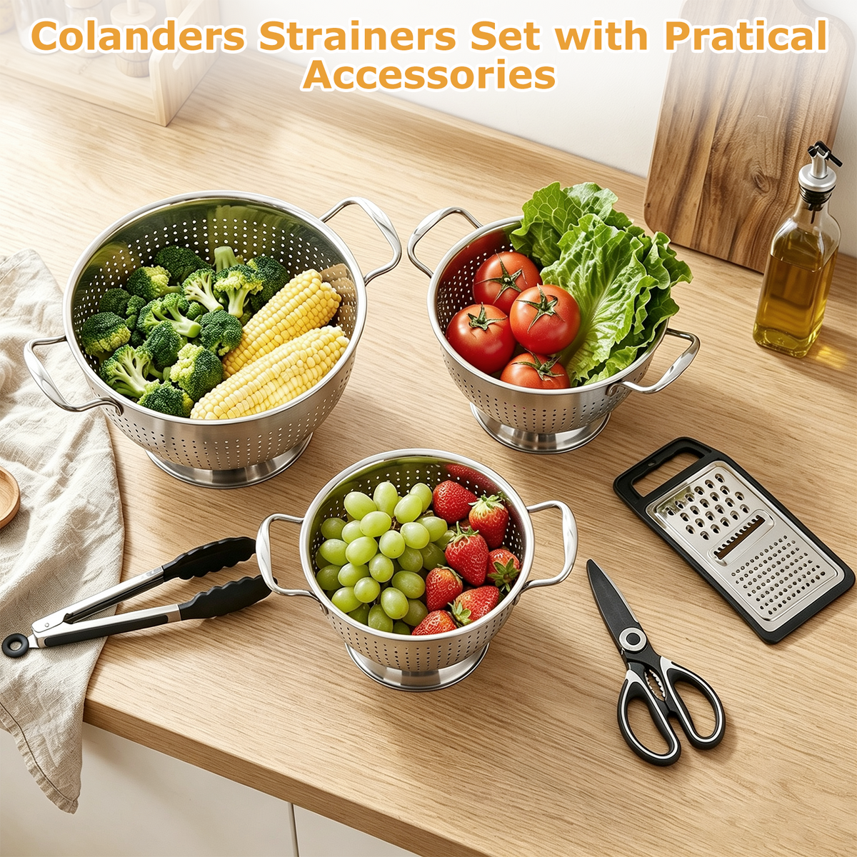 Colander Set of 3, TAIMASI 1.5, 3 & 5 Quart Stainless Steel Micro-Perforated Colanders Strainers for Draining Rinsing Washing, Kitchen Colanders Bowl for Pasta Fruits, Dishwasher Safe