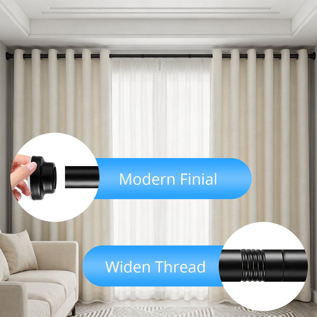 MIBOTE Shower Curtain Rods 32-85 Inch,Adjustable Curtain Rod with Holders for Windows,Anti-Slip,Curtain Rods No Drilling,Modern Design,Black