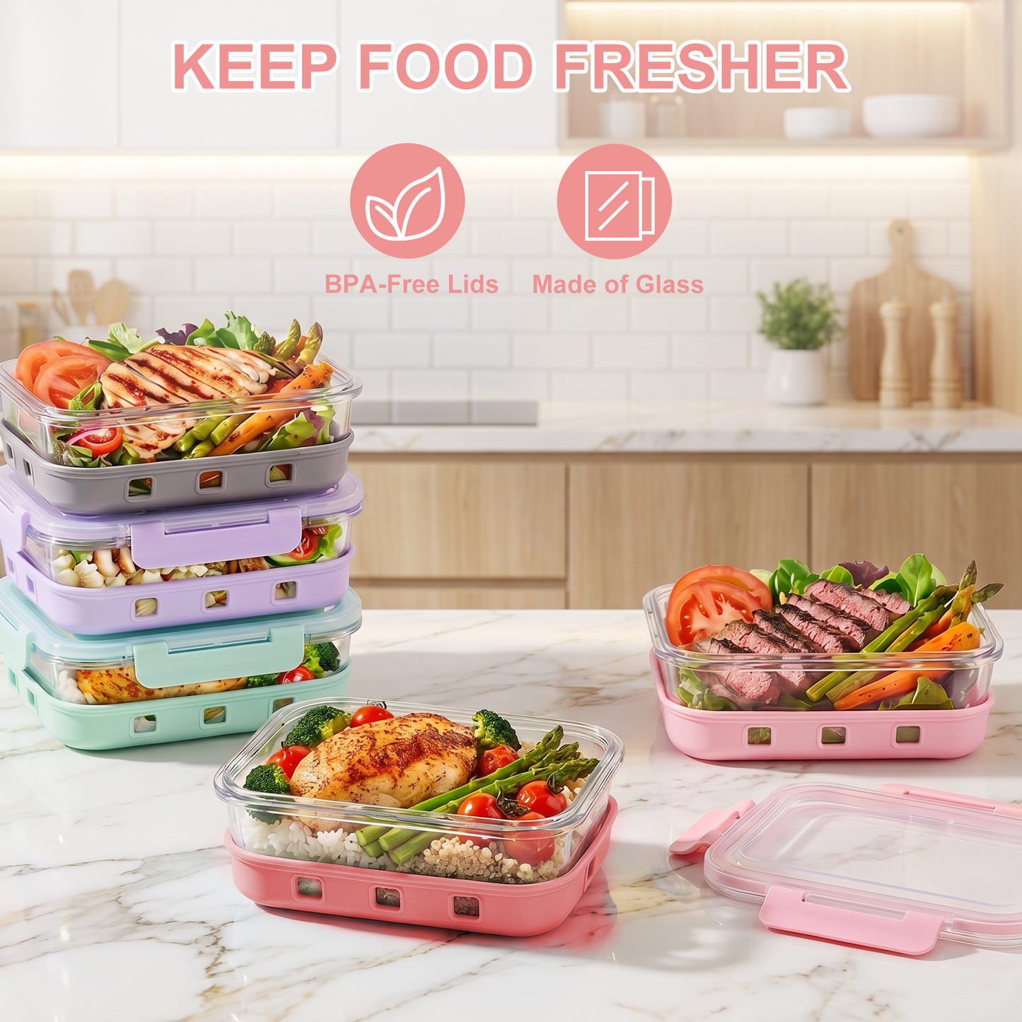 10 Pcs Glass Food Storage Containers with Silicone Boot, 35 oz Glass Containers with Airtight BPA-Free Plastic Lids, Meal Prep Set, Dishwasher, Microwave & Freezer Safe, Leak Proof