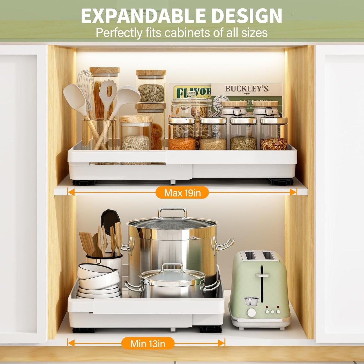 1 Pack Pull Out Cabinet Organizers Expandable, Slide Out Drawers for Kitchen, Bathroom, Pantry, Under Sink Storage, Pull Out Drawers Fixed with Adhesive Nano Film (White, 11.6''-17.5'') (Copy)