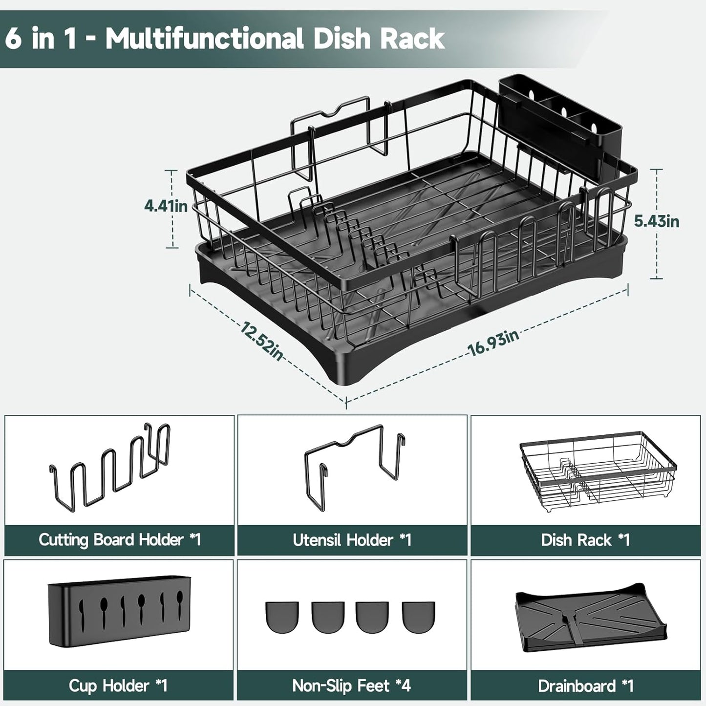Dish Drying Rack, AOKIWO Kitchen Counter Stainless Steel Large 1 Tier Dish Drainer with Drainboard Over Sink for Cups, Knives, Spoons, and Forks (L16.9"*W12.5")