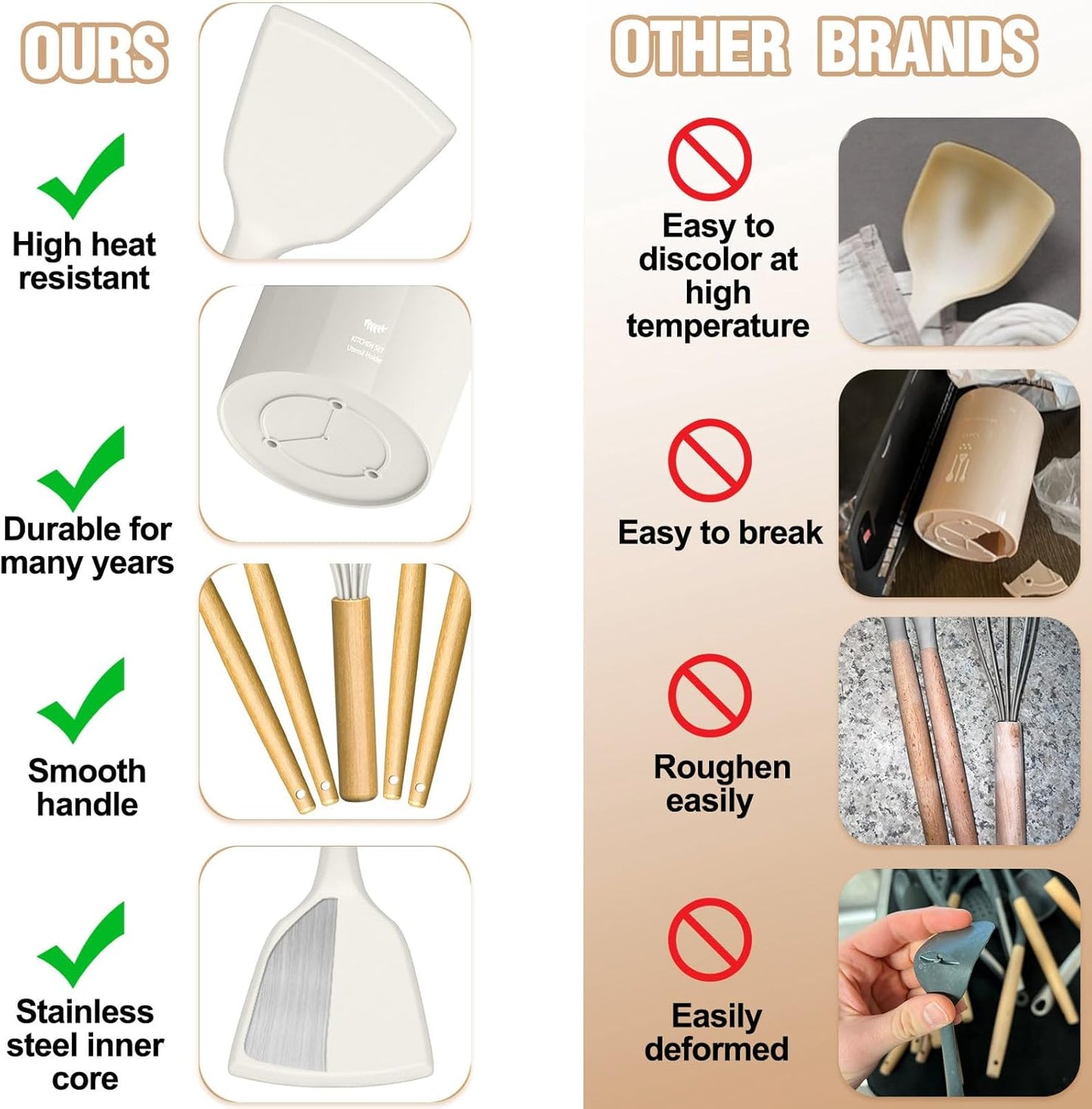 Kitchen Utensils Set- 34PCS Silicone Cooking Utensils with Holder, Heat Resistant Kitchen Utensil Spatula Set for Nonstick Cookware, Black Wooden Handles Kitchen Gadgets Tools Set-White