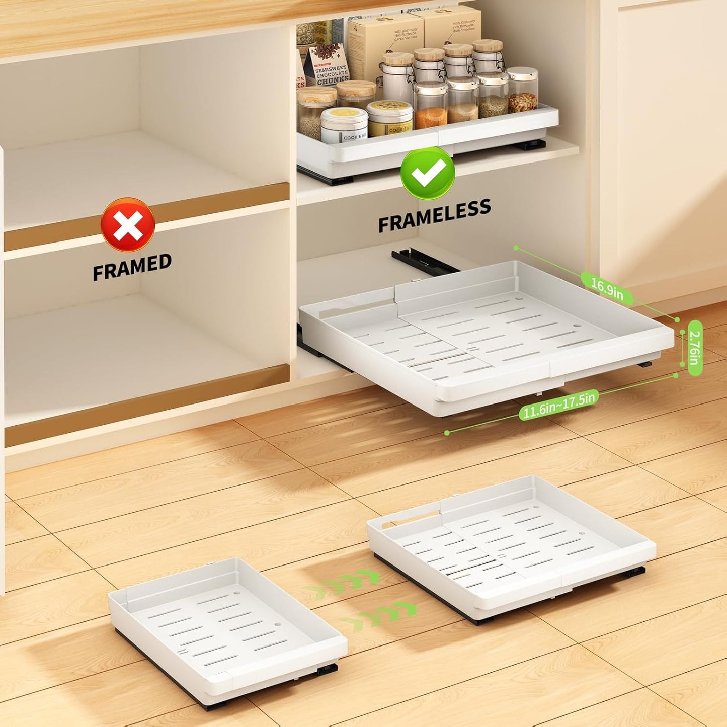 1 Pack Pull Out Cabinet Organizers Expandable, Slide Out Drawers for Kitchen, Bathroom, Pantry, Under Sink Storage, Pull Out Drawers Fixed with Adhesive Nano Film (White, 11.6''-17.5'') (Copy)