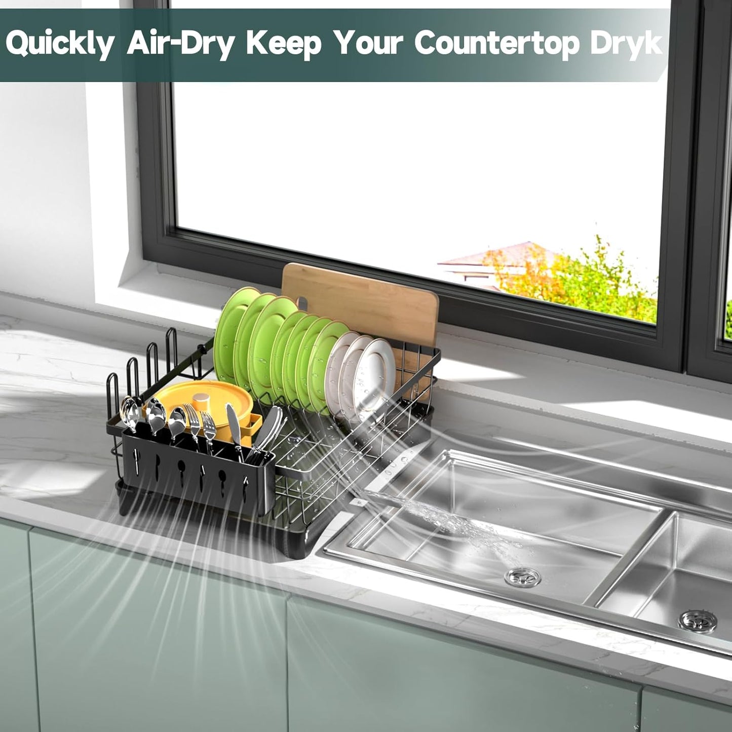 Dish Drying Rack, AOKIWO Kitchen Counter Stainless Steel Large 1 Tier Dish Drainer with Drainboard Over Sink for Cups, Knives, Spoons, and Forks (L16.9"*W12.5")