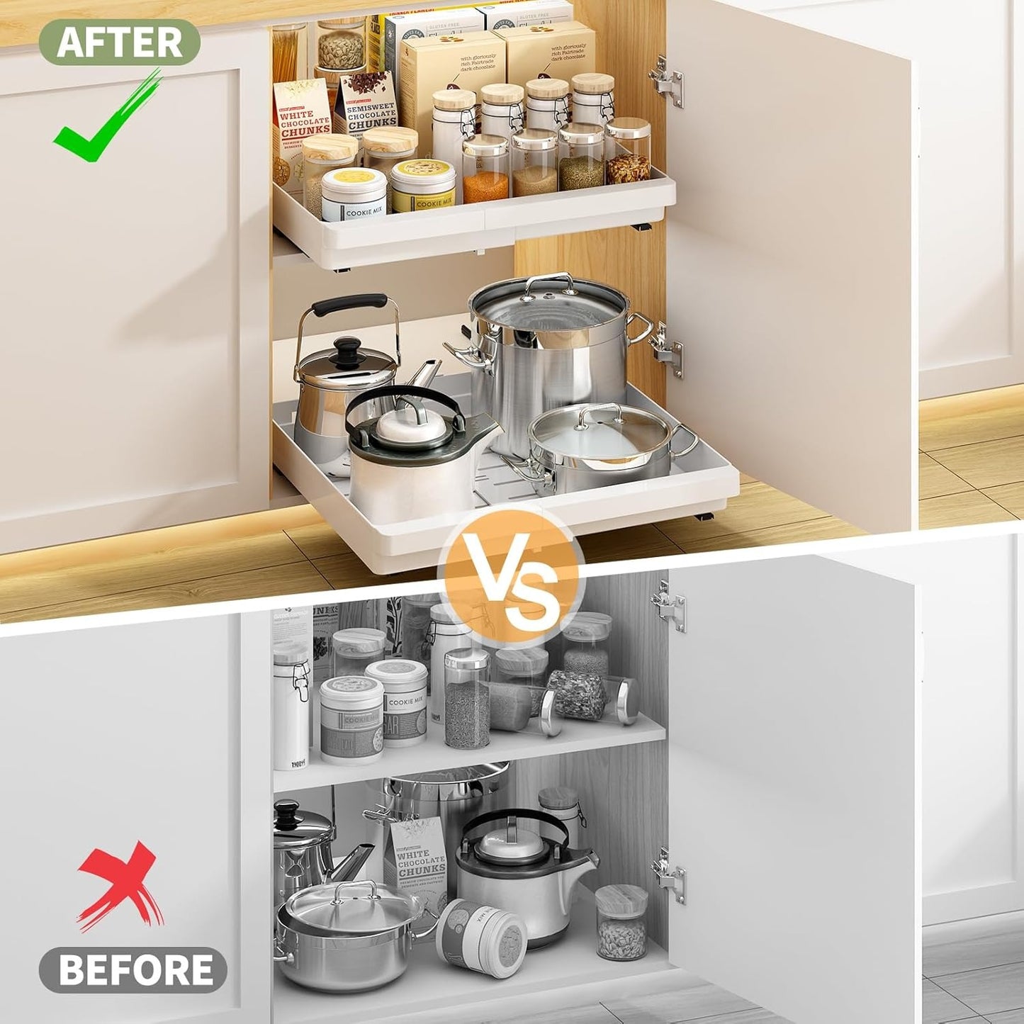 1 Pack Pull Out Cabinet Organizers Expandable, Slide Out Drawers for Kitchen, Bathroom, Pantry, Under Sink Storage, Pull Out Drawers Fixed with Adhesive Nano Film (White, 11.6''-17.5'') (Copy)