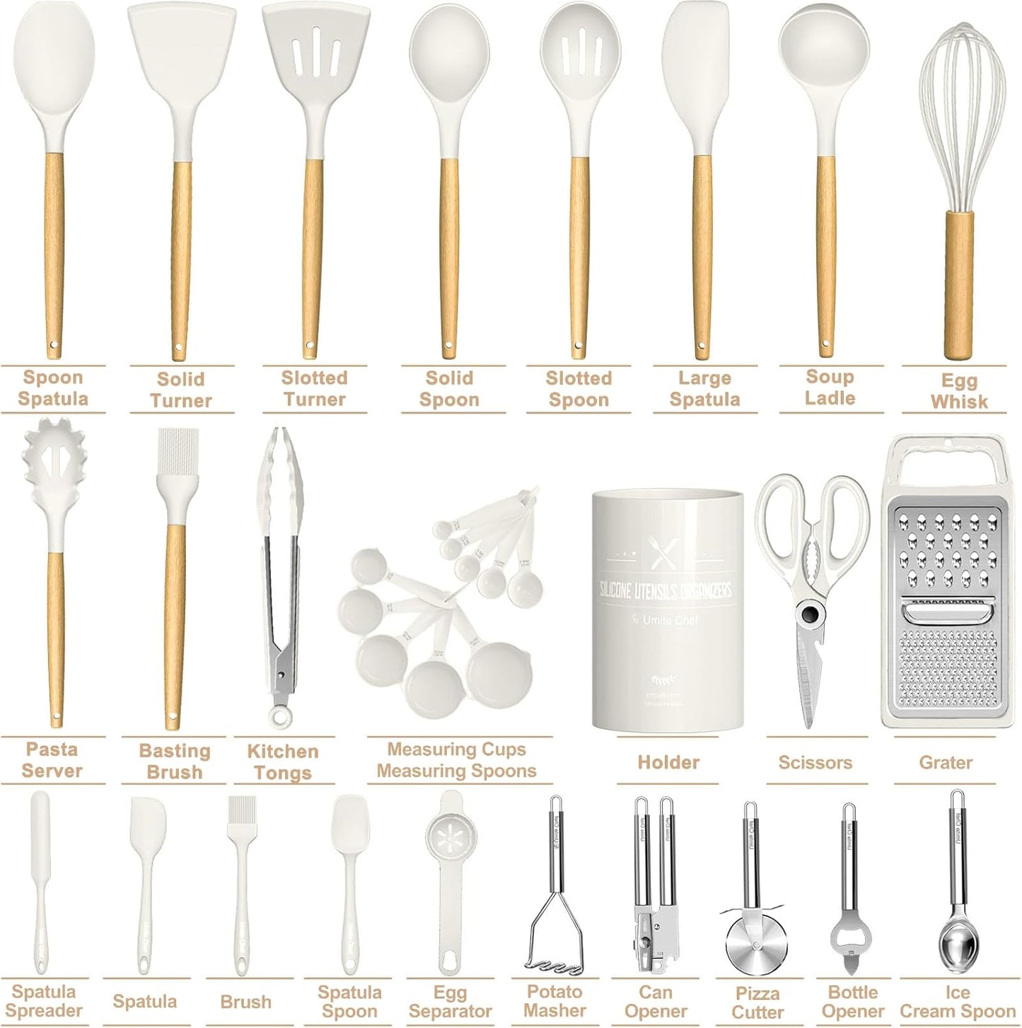Kitchen Utensils Set- 34PCS Silicone Cooking Utensils with Holder, Heat Resistant Kitchen Utensil Spatula Set for Nonstick Cookware, Black Wooden Handles Kitchen Gadgets Tools Set-White