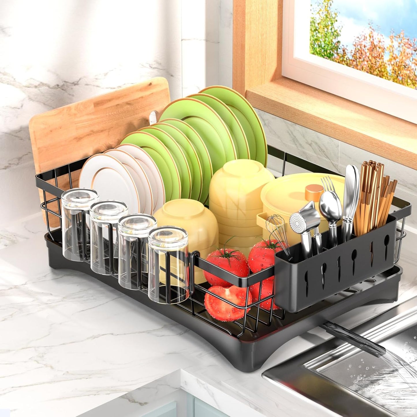 Dish Drying Rack, AOKIWO Kitchen Counter Stainless Steel Large 1 Tier Dish Drainer with Drainboard Over Sink for Cups, Knives, Spoons, and Forks (L16.9"*W12.5")