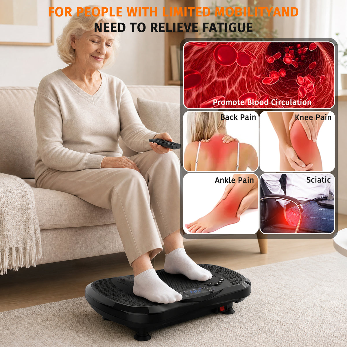 Mibote Extra-Large Platform Vibration Plate Machine, Full Body Workout with 2 Loop Bands + 4 Resistance Bands & Remote Control, Toning & Strength Training for Men & Women
