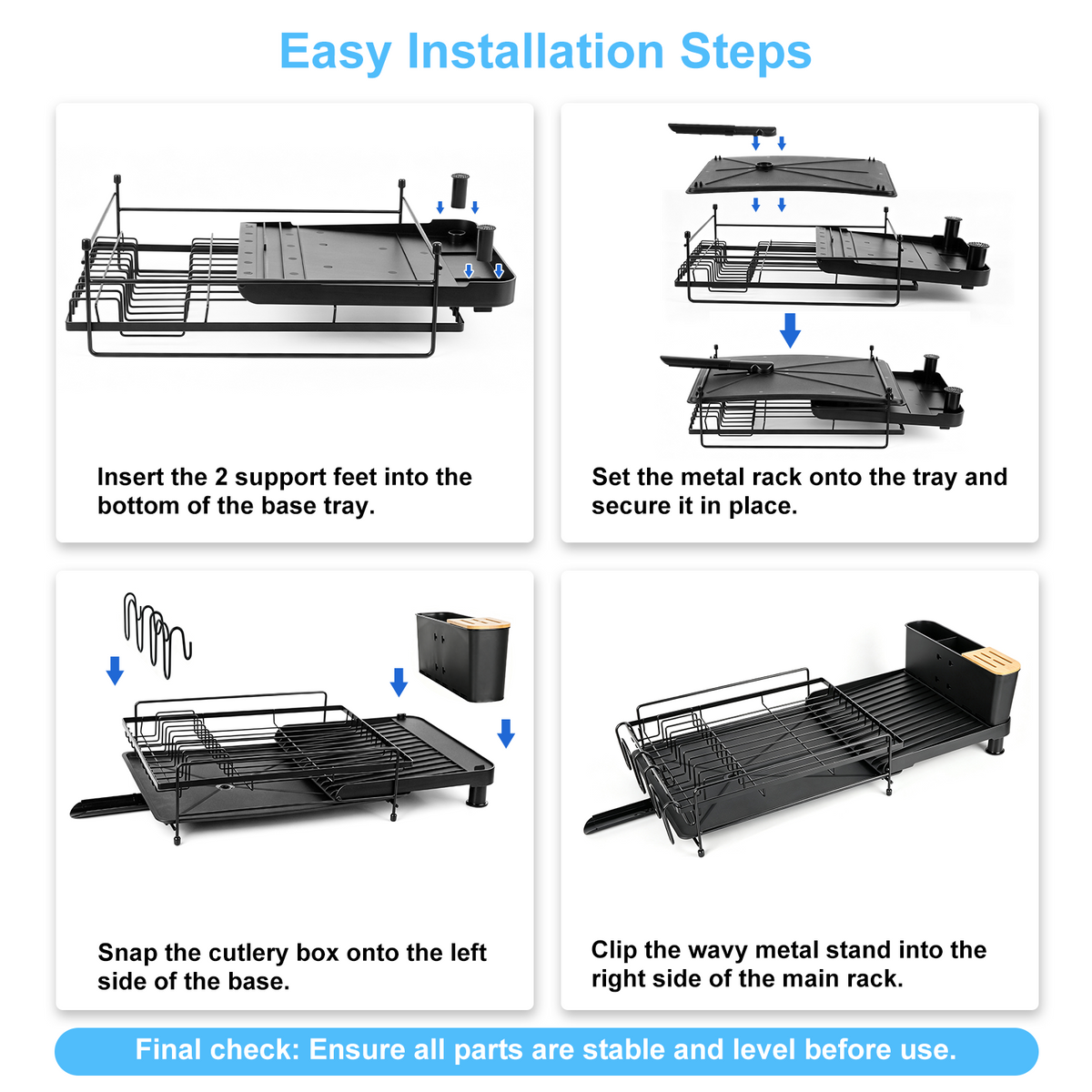 Extendable Dish Rack for Kitchen Counter, TAIMASI Multifunctional Large Dish Drying Rack, Anti-Rust Dish Drainers with Drainboard, Utensil Holder, Cup Holder, 19.2"-26.7" L x 12.9" W, Black