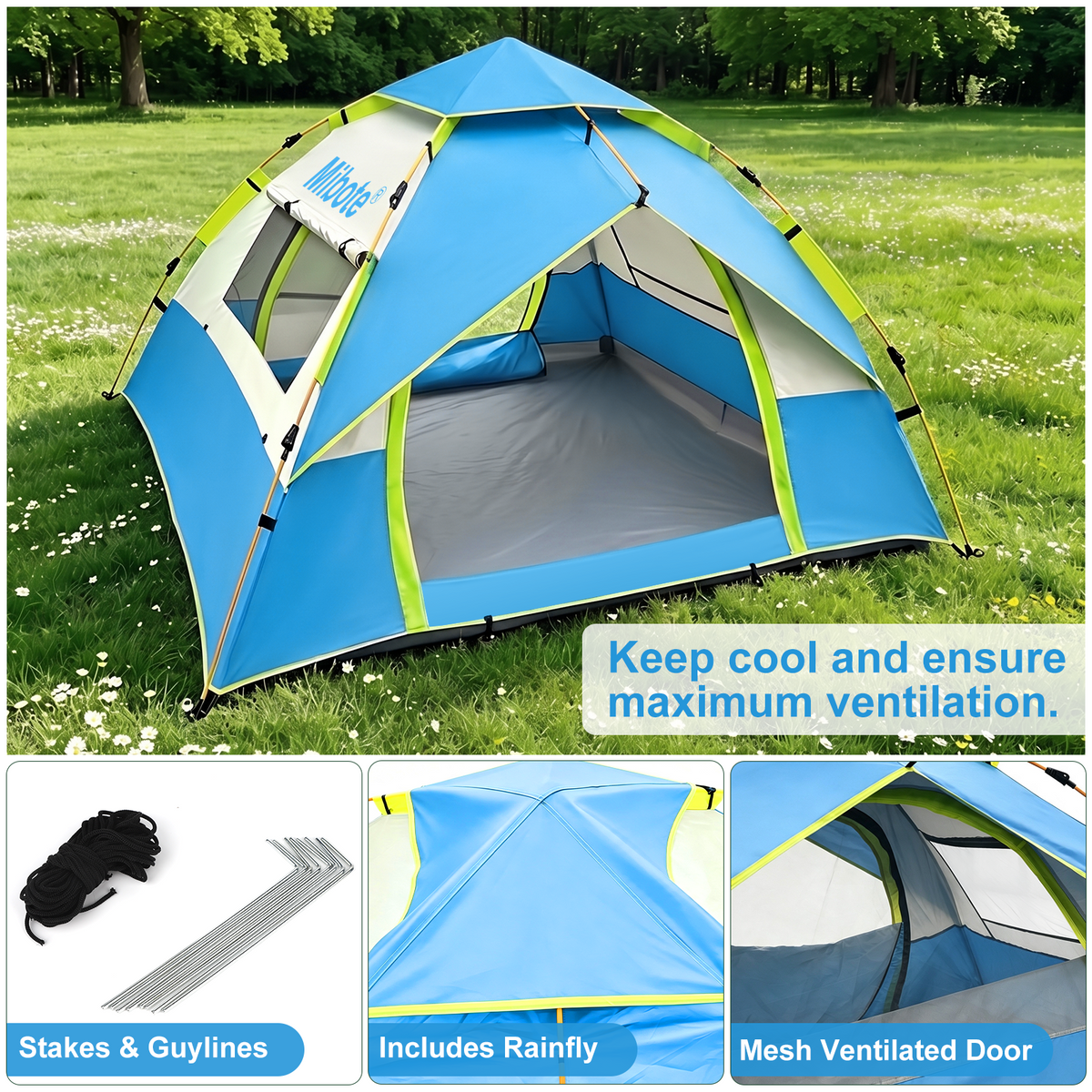 Mibote 2-4Person Camping Tent,Auto Setup Pop Up Tent,Waterproof,Huge Door & Windows for Camping,Hiking,Travel,Blue