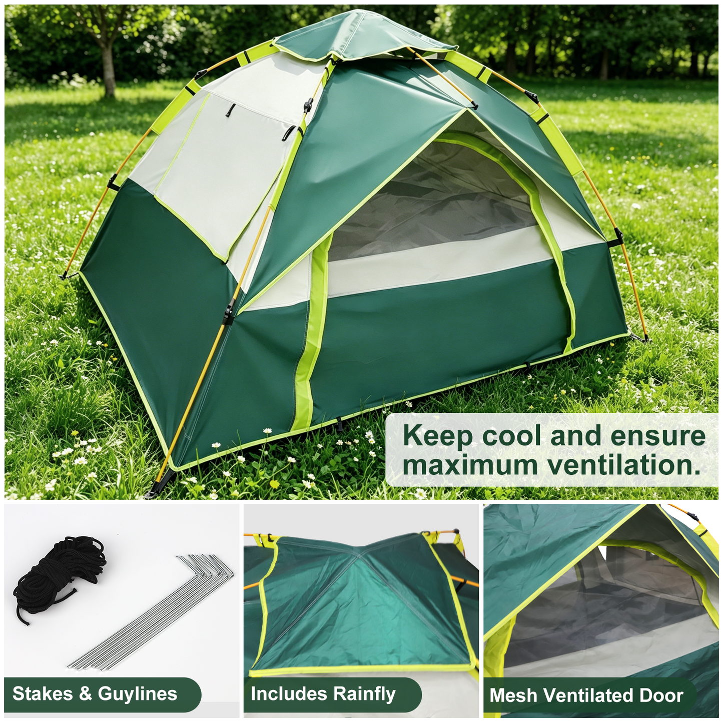 Mibote 2-Person Camping Tent, Auto Setup Pop Up Tent, Waterproof, Huge Door & Windows for Camping, Hiking, Travel
