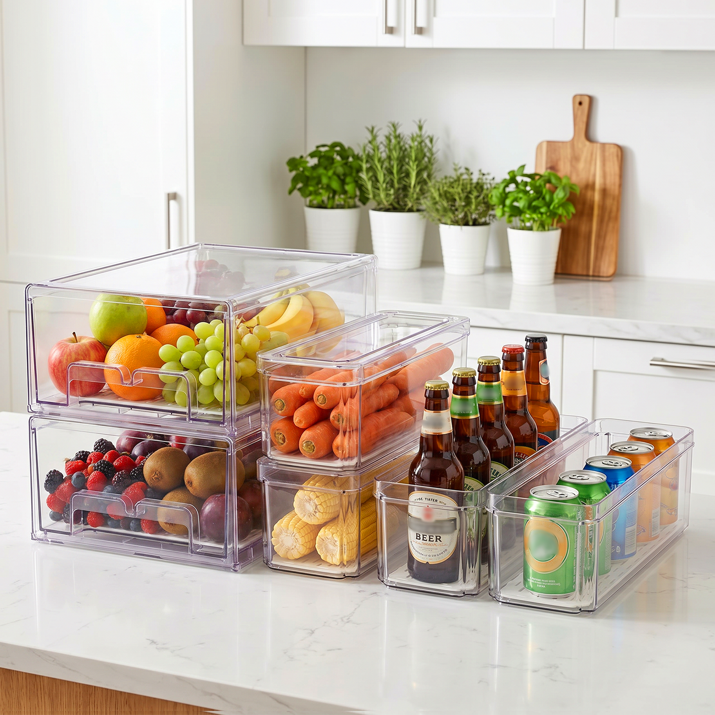 6 Pack Refrigerator Drawer Organizer Bins with Lids, Stackable Fridge & Pantry Storage Bins with Strainer Layer, Clear Plastic Storage Bins for Kitchen, Fruits, Vegetables, Drinks, Snack & Food
