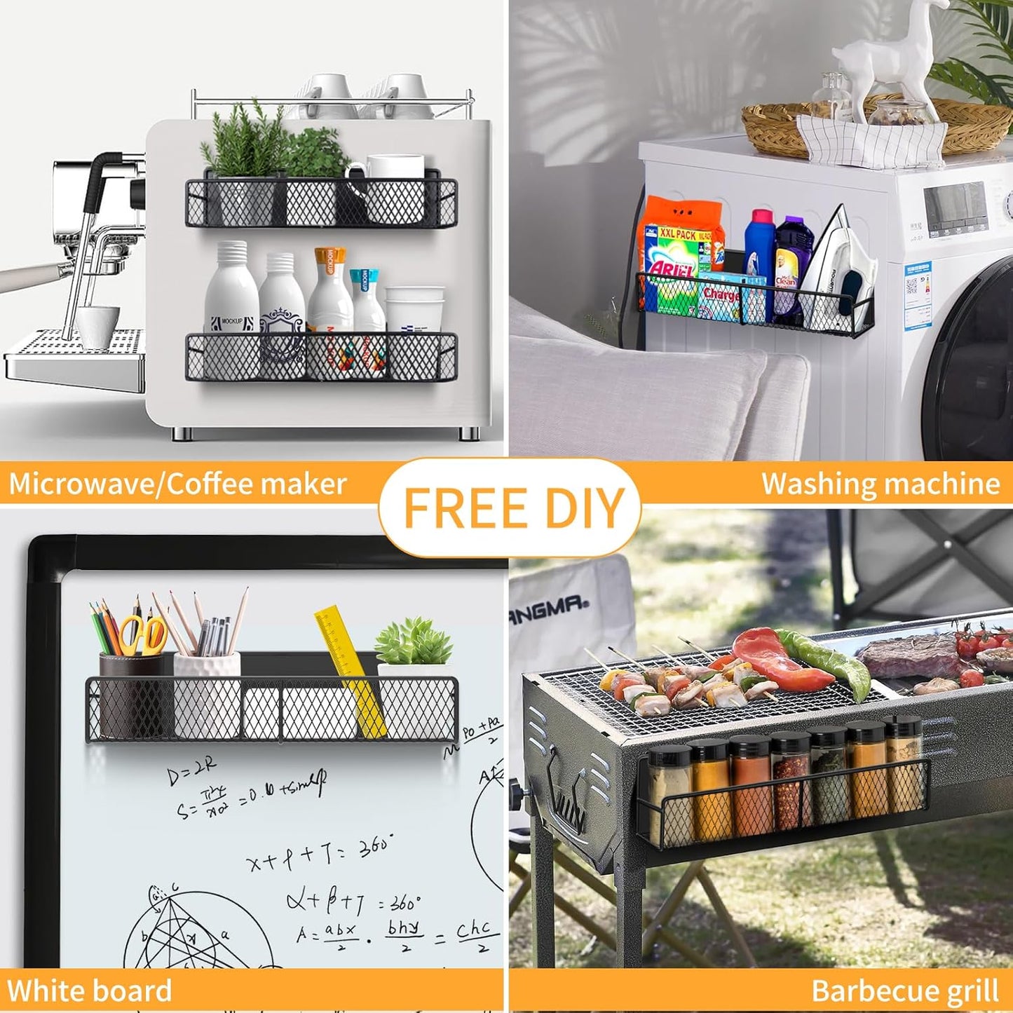Magnetic Spice Rack Organizer, AOKIWO 6 Pack Moveable Fridge Spice Shelves for Refrigerator, Strong Magnetic Metal Refrigerator Shelf Organizer with Paper Towel Holder, Utensils Holder, Black
