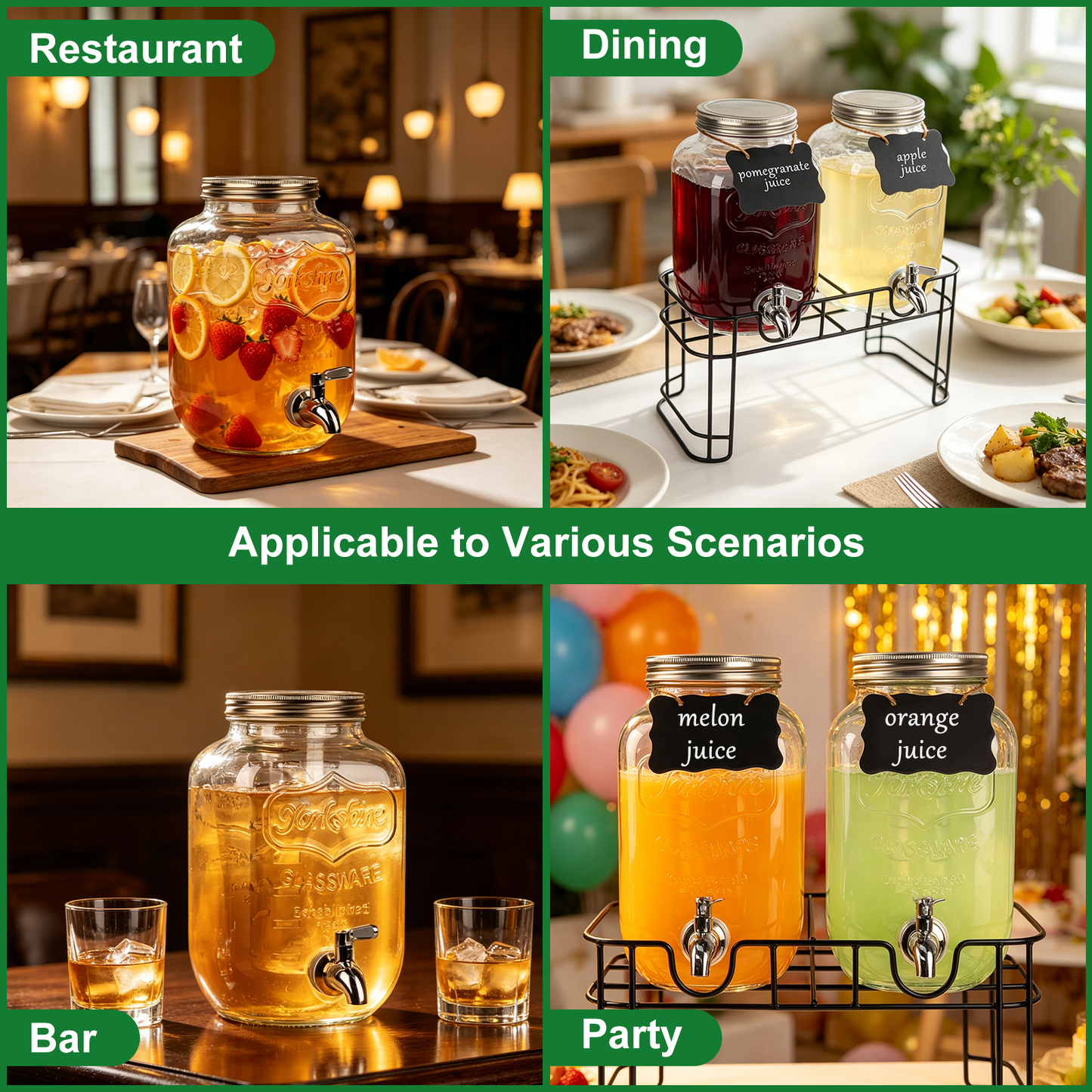 1 Gallon Glass Drink Dispensers for Parties, TAIMASI 2 Pack Beverage Dispenser with Stand & Stainless Steel Spigot, Leakproof Lemonade Drink Dispenser for Sun Tea, Homemade Juice