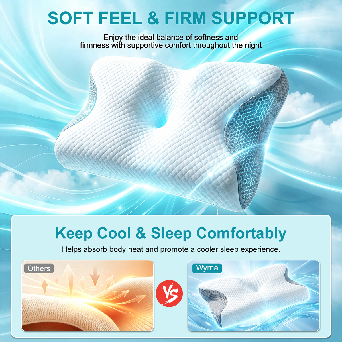 Wyrna Cervical Neck Pillow for Neck Support, Neck Pillow for Pain Relief, 2-Height Memory Foam Pillow, Ergonomic Pillow for Comfortable Side and Back Sleeping, Breathable and Easy to Clean