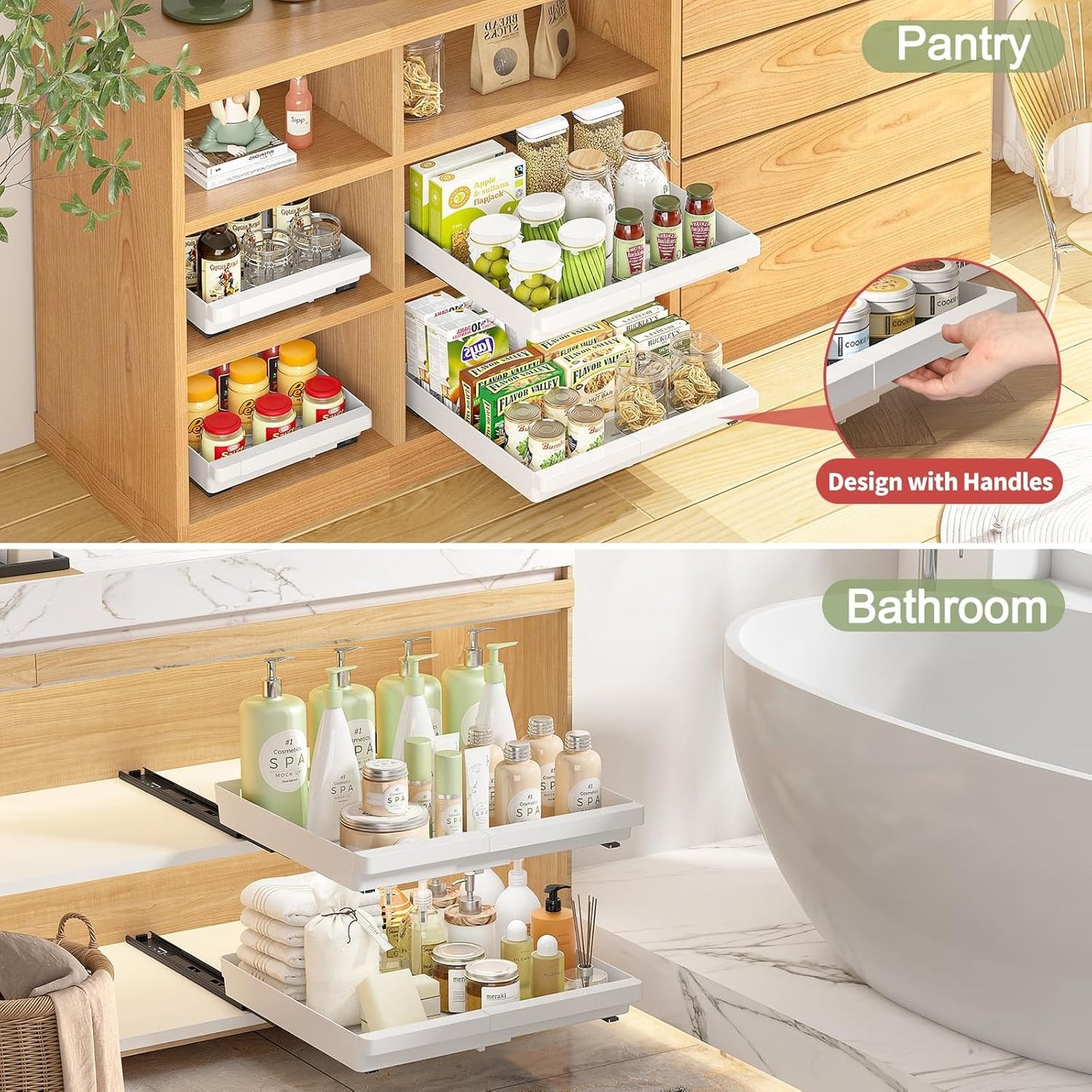 2 Pack Pull Out Cabinet Organizers Expandable (13''-19''), Slide Out Drawers for Kitchen, Bathroom, Pantry, Under Sink Storage, Pull Out Drawers Fixed with Adhesive Nano Film (White)