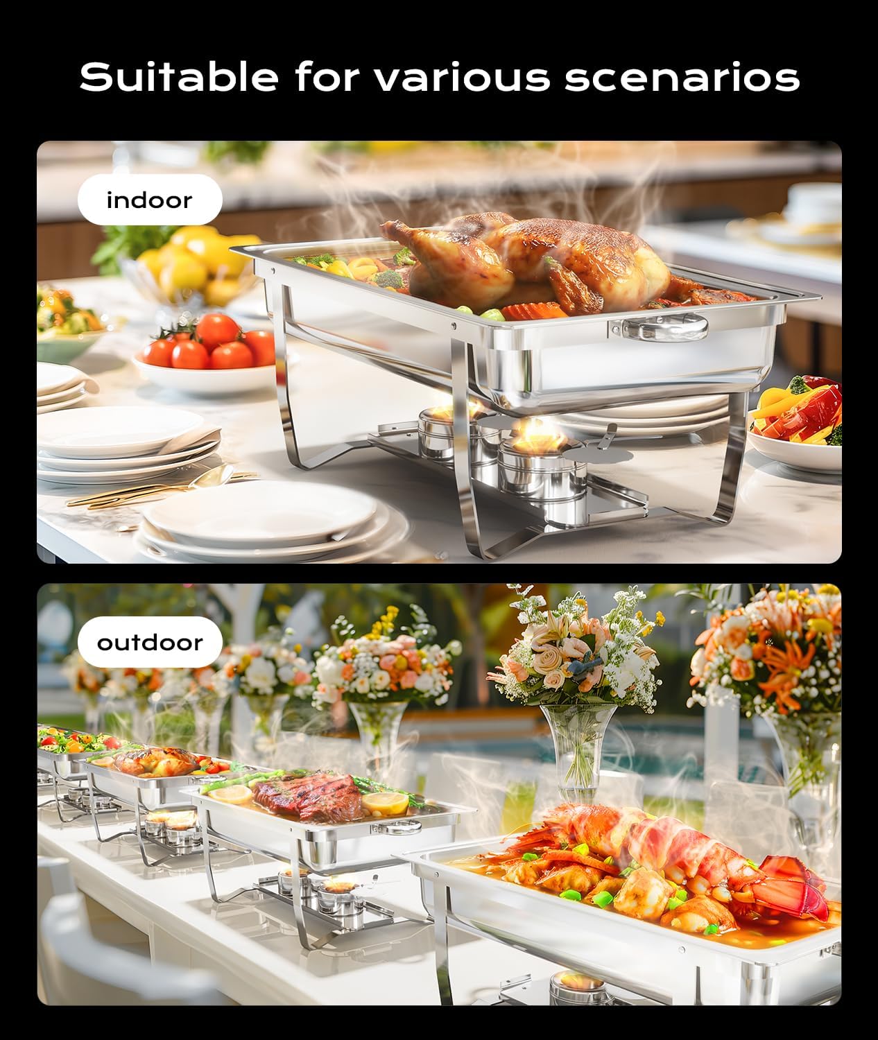 Chafing Dish Buffet Set, AOKIWO 3 Packs Stainless Steel Buffet Warmer, Chafing Dishes for Buffet, Chafers and Buffet Warmer for Parties, Events, Wedding, Camping, Dinner, 8QT Full Pans
