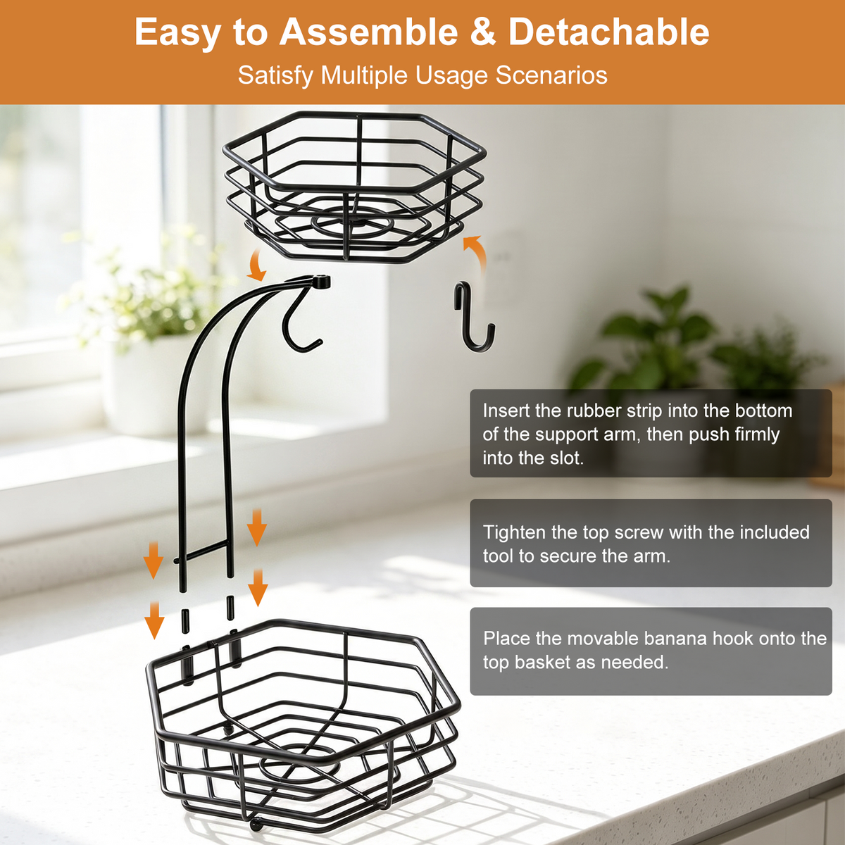 2 Tier Detachable Metal Fruit Basket for Kitchen Counter with 2 Banana Hangers, TAIMASI Stackable Hexagonal Metal Fruit Bowl for Bread Vegetable Fruits, Black