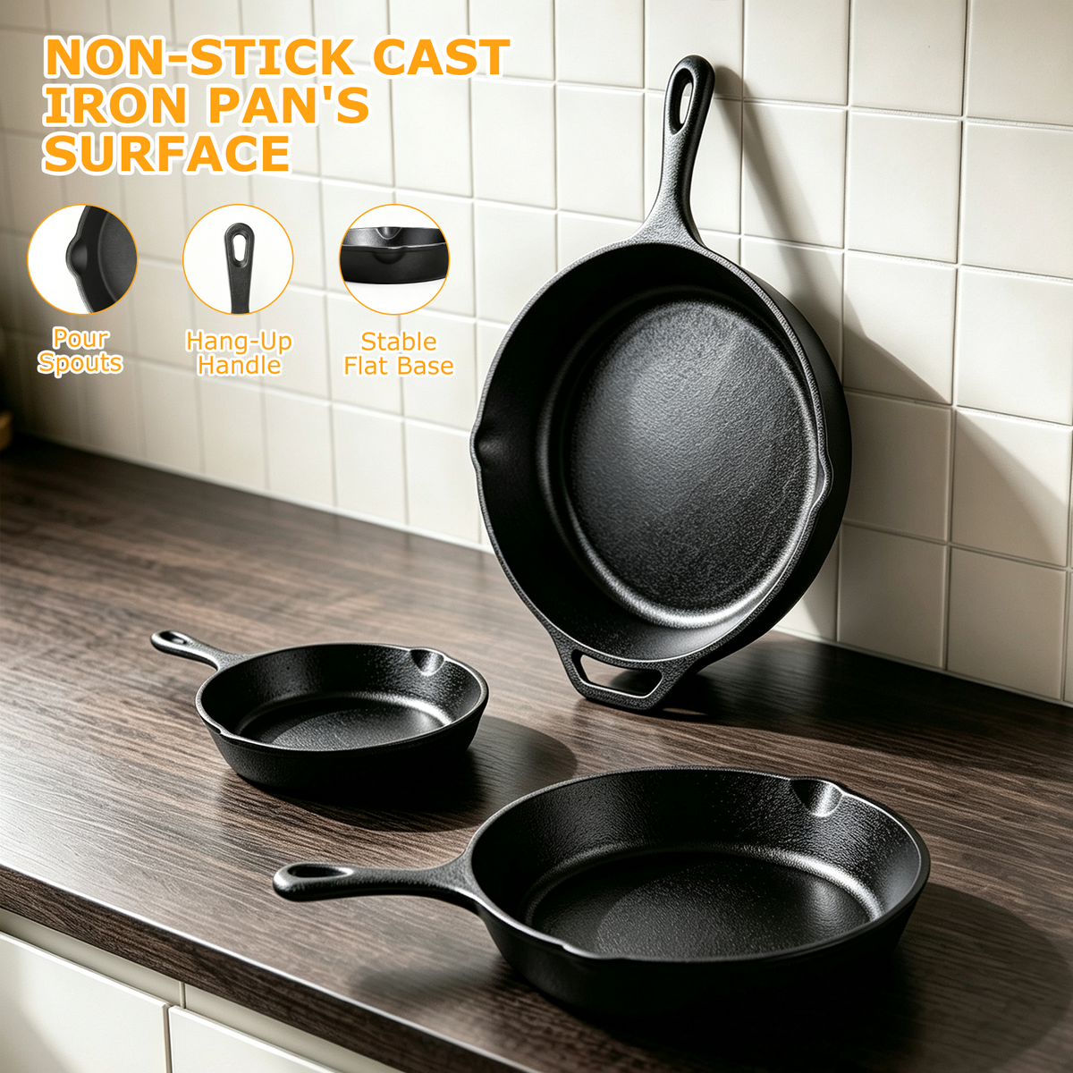 3 Piece Cast Iron Skillet Set, AOKIWO 6", 8", 10" Pre-Seasoned Pan Cookware Set with Handles, Heavy-Duty Frying Pans for Saute, Cooking, Pizza, Oven Grill Stovetop Safe Cookware