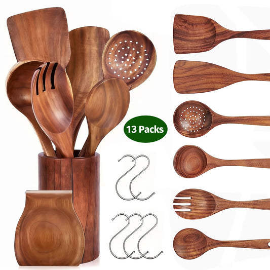 13Pcs Wooden Utensil Set with Holder, AOKIWO Natural Teak Wood Kitchen Utensil Set ,Spoons and Spatula Set with Spoon Rest, Nonstick Kitchen Cookware, Brown
